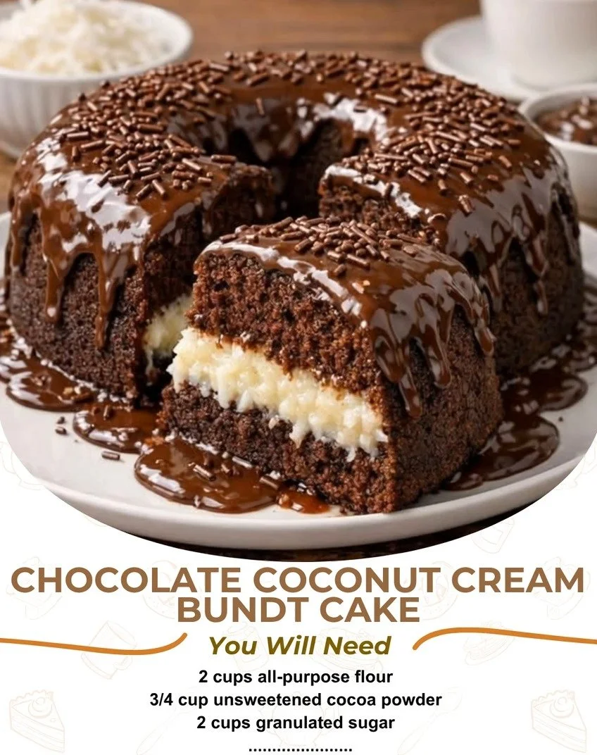 Creamy chocolate coconut bundt cake served on a rustic wooden table