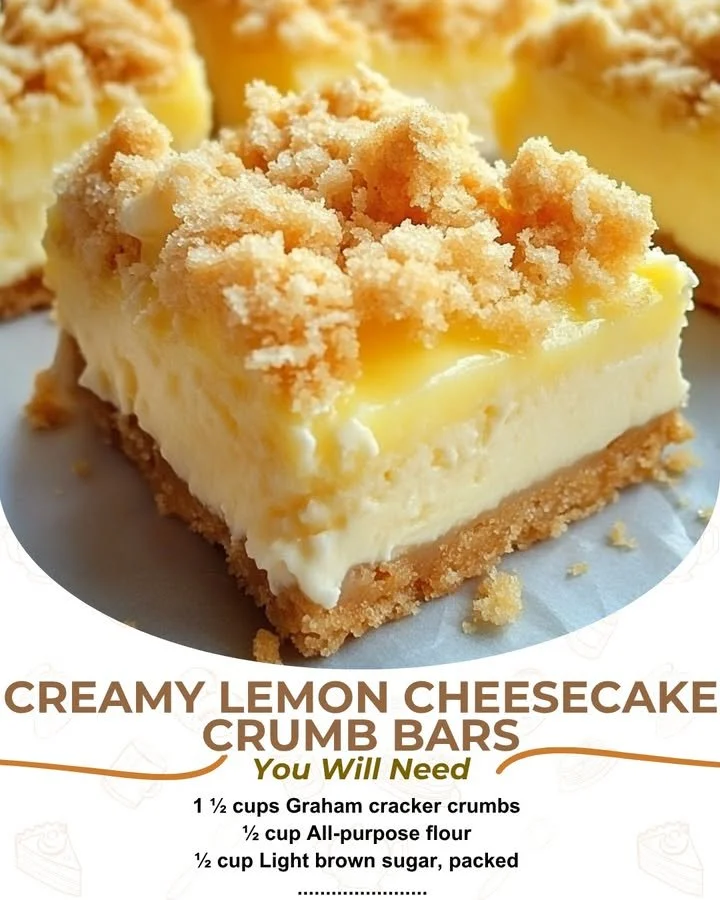 Creamy lemon cheesecake crumb bars on a white plate