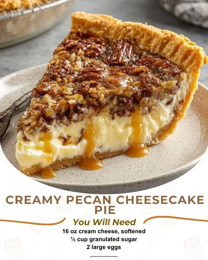 Creamy pecan cheesecake pie served on a plate with pecans on top.