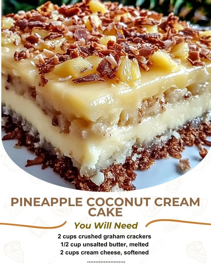 Slice of creamy pineapple coconut cake topped with coconut flakes and pineapple slices