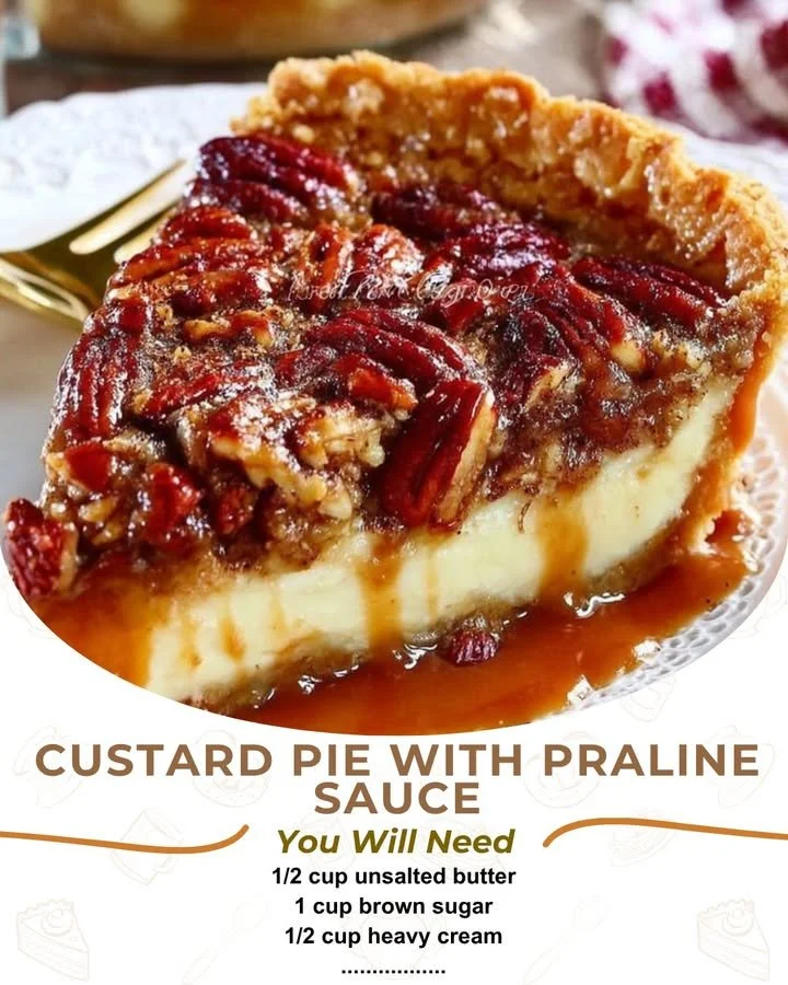 Delicious custard pie topped with rich praline sauce, ideal dessert recipe.