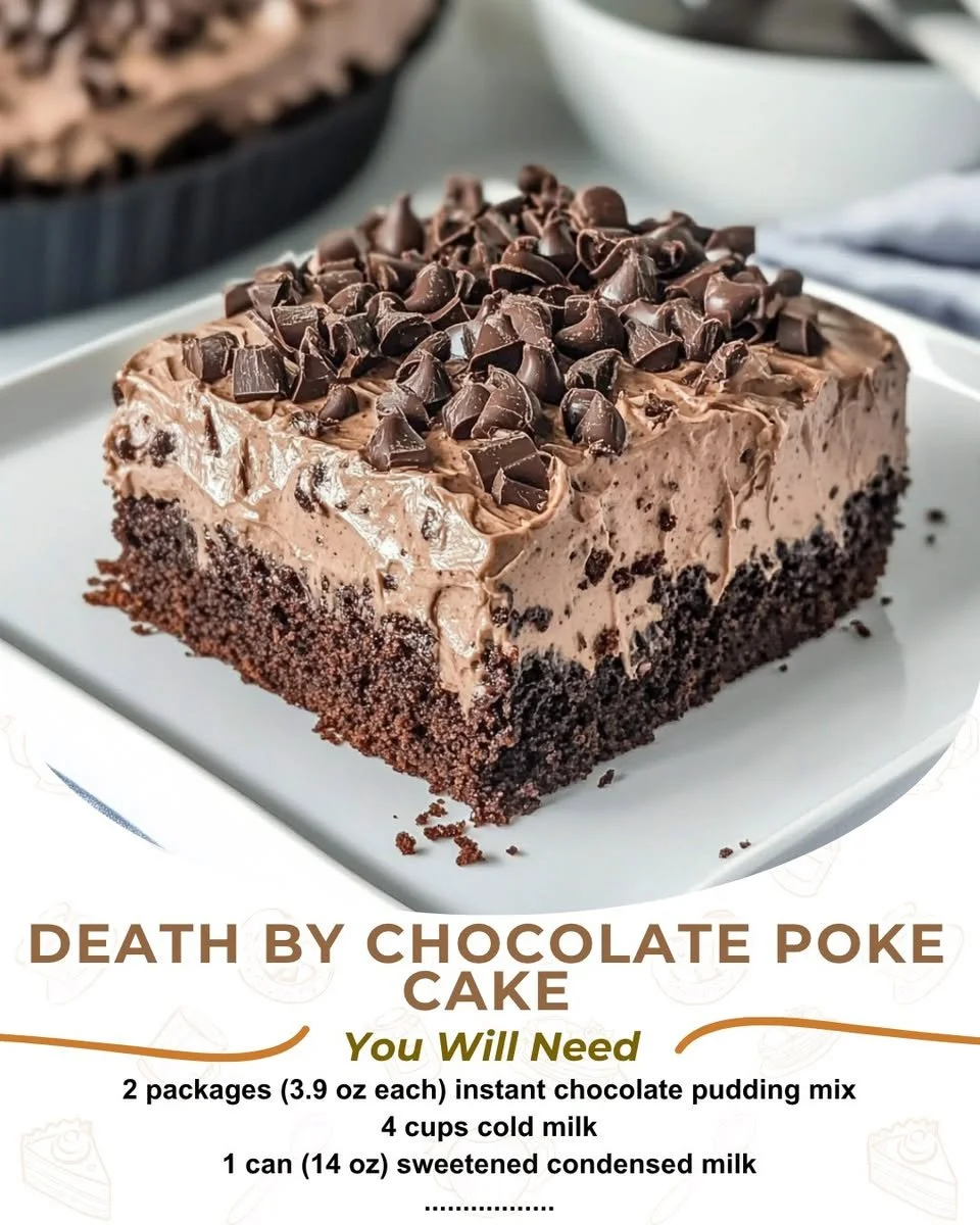 Delicious Death by Chocolate Poke Cake topped with chocolate frosting and sprinkles