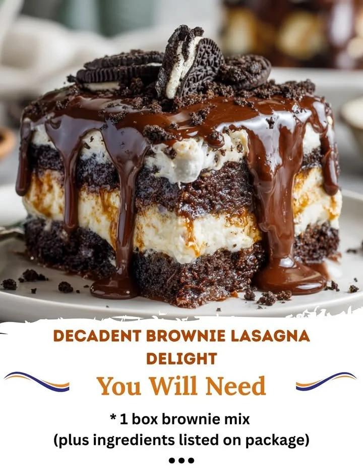 A delicious slice of decadent brownie lasagna with layers of rich chocolate and cream