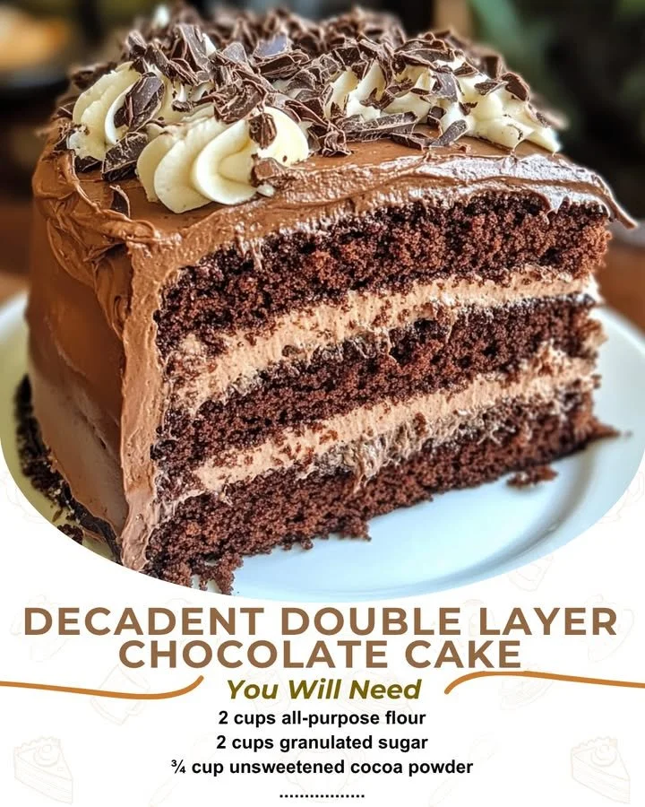 Decadent Double Layer Chocolate Cake topped with chocolate frosting and decorations