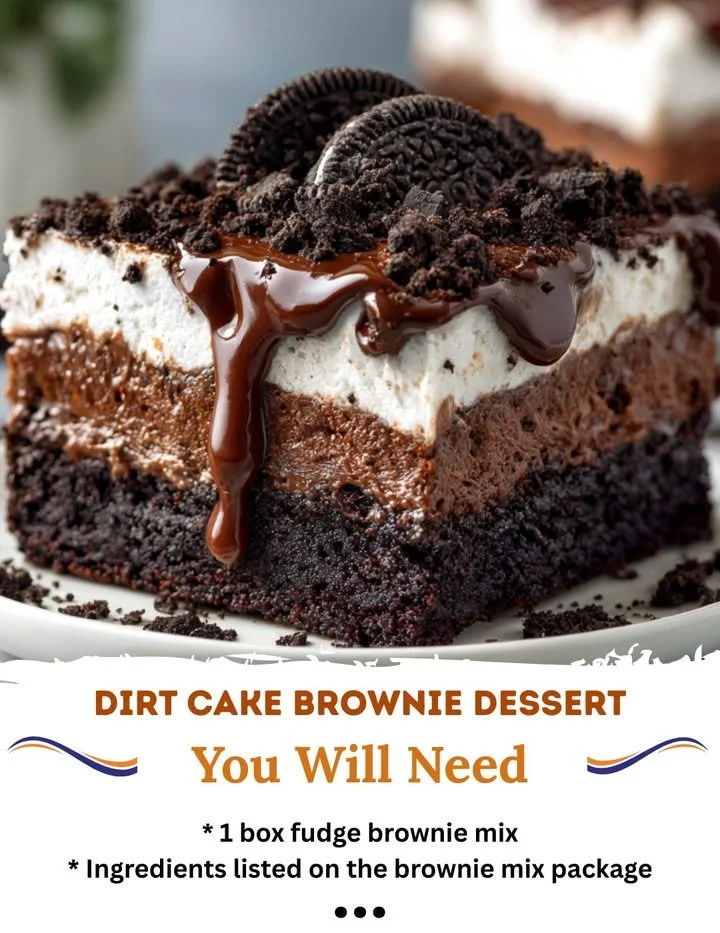 Delicious Dirt Cake Brownie Dessert with chocolate and creamy layers