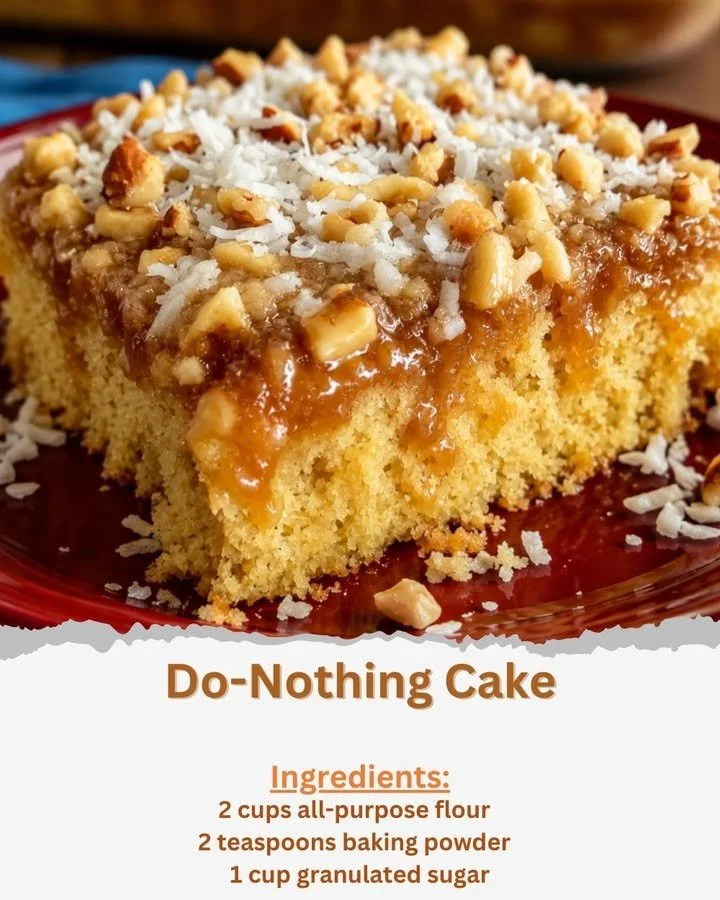 Delicious slice of Do-Nothing Cake topped with creamy frosting