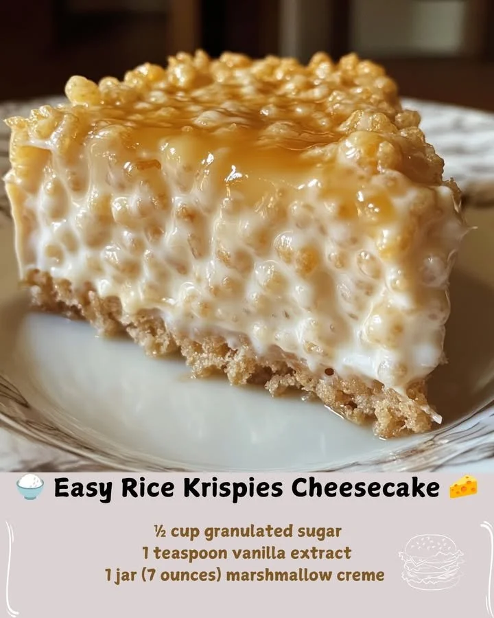 Delicious easy Rice Krispies Cheesecake topped with whipped cream and sprinkles