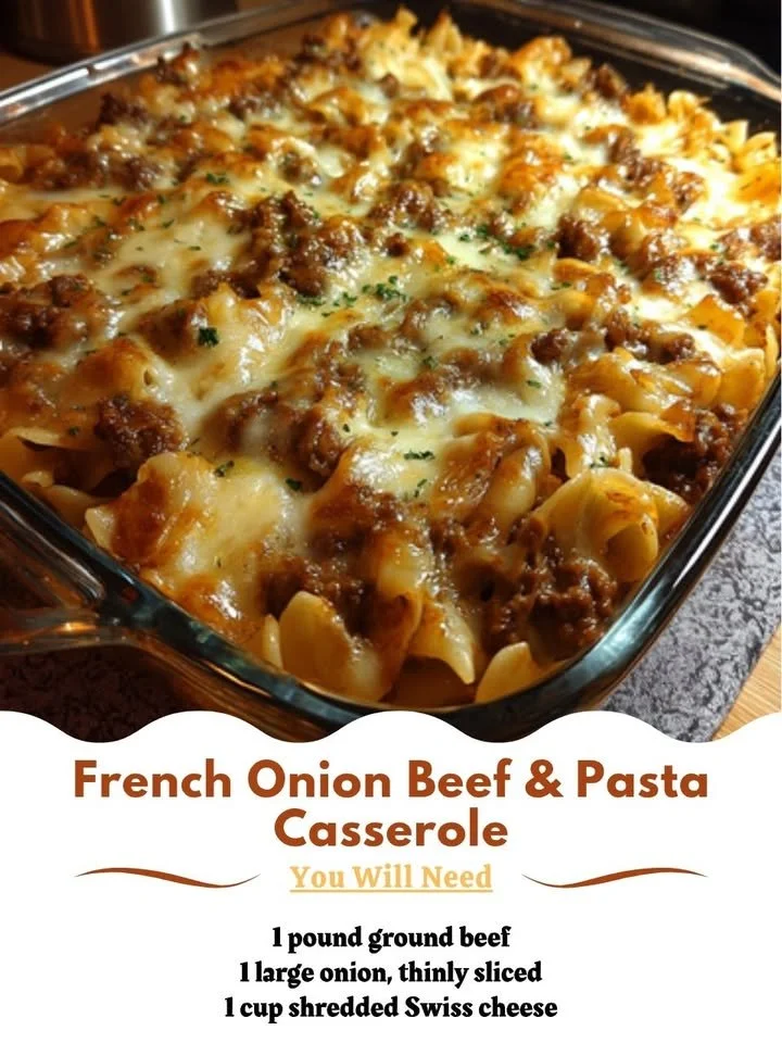 Delicious French Onion Beef and Pasta Casserole topped with melted cheese.