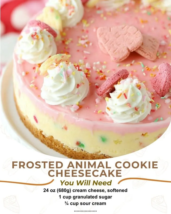 Frosted animal cookie cheesecake topped with colorful animal-shaped cookies.