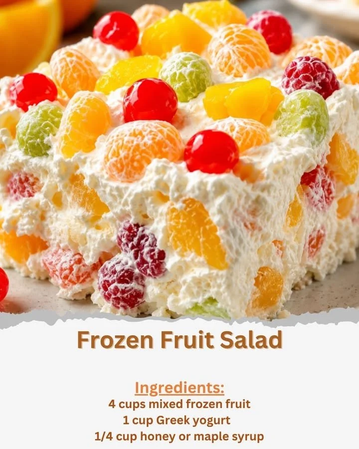 Colorful frozen fruit salad filled with assorted fruits for a refreshing treat