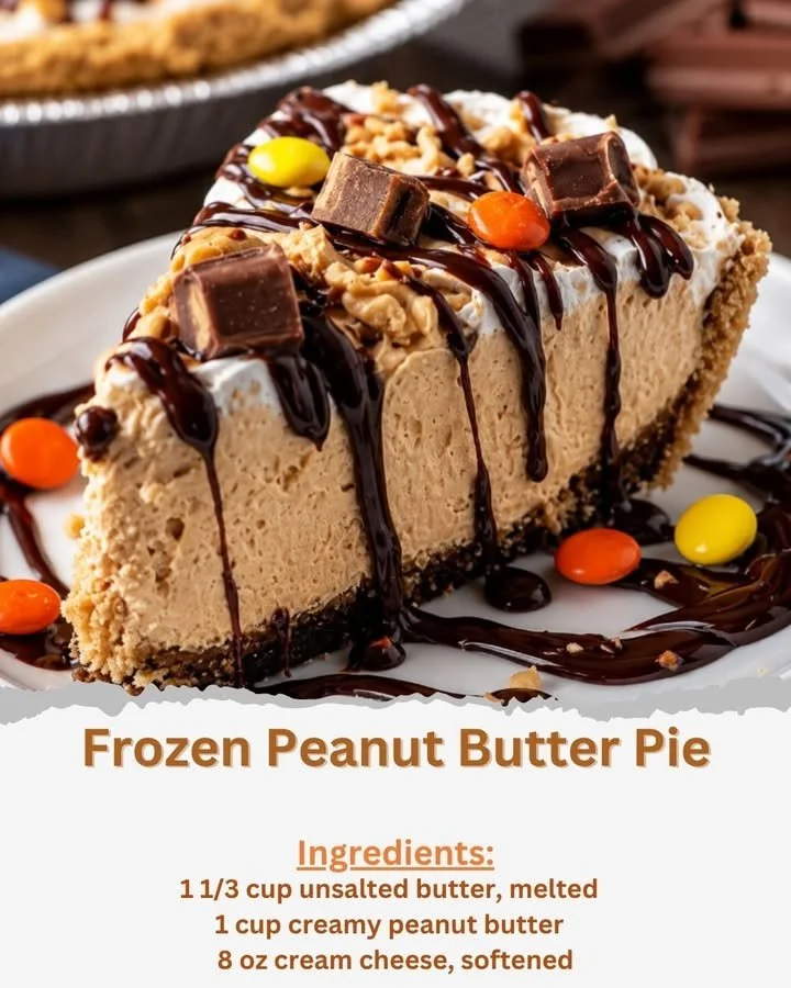 Frozen peanut butter pie topped with whipped cream and chocolate drizzle