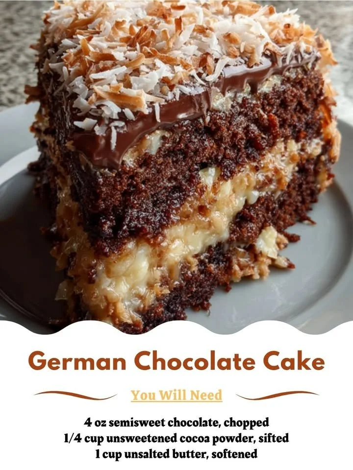 Deliciously layered German Chocolate Cake with coconut-pecan frosting