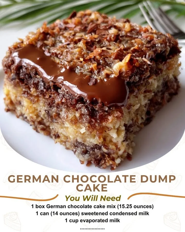 Slice of German chocolate dump cake topped with creamy frosting.