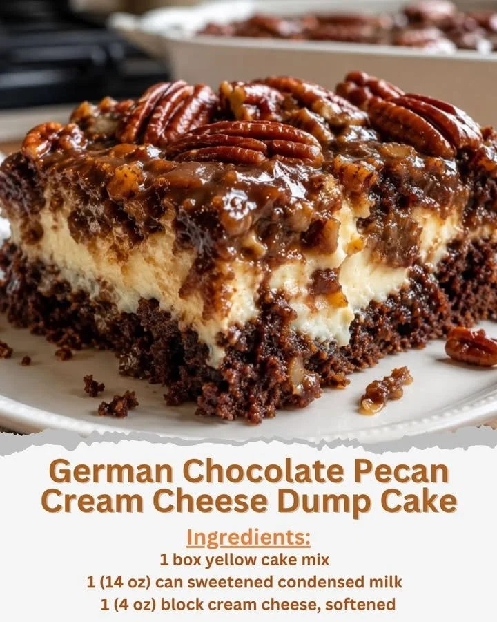 Delicious German Chocolate Pecan Cream Cheese Dump Cake ready to serve