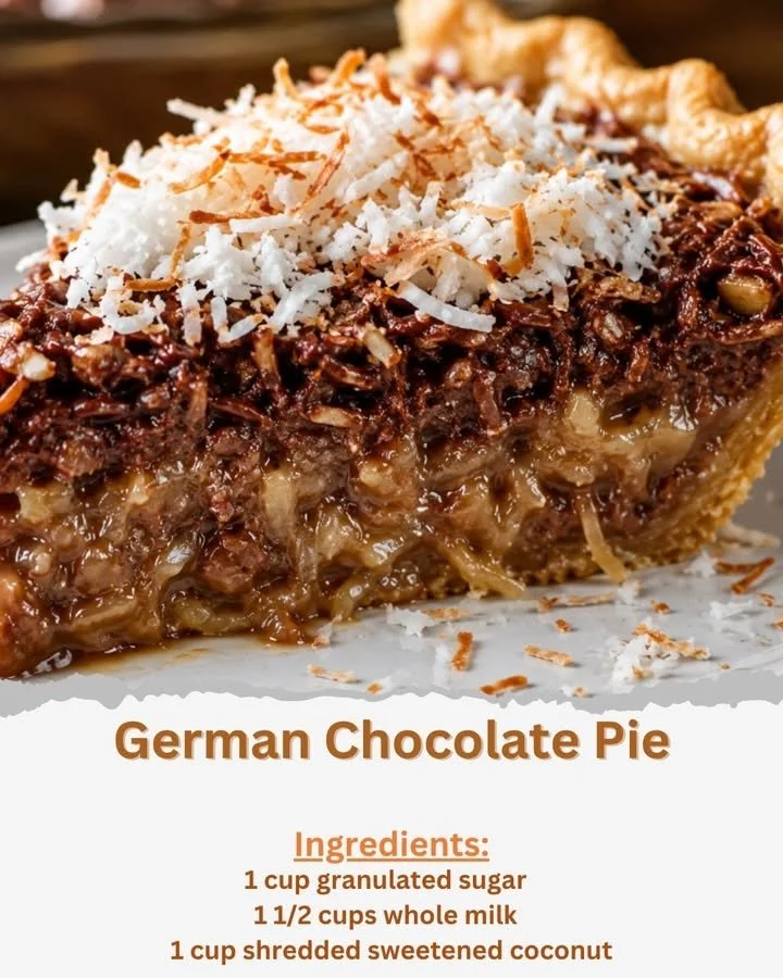 Slice of homemade German Chocolate Pie with coconut and pecans
