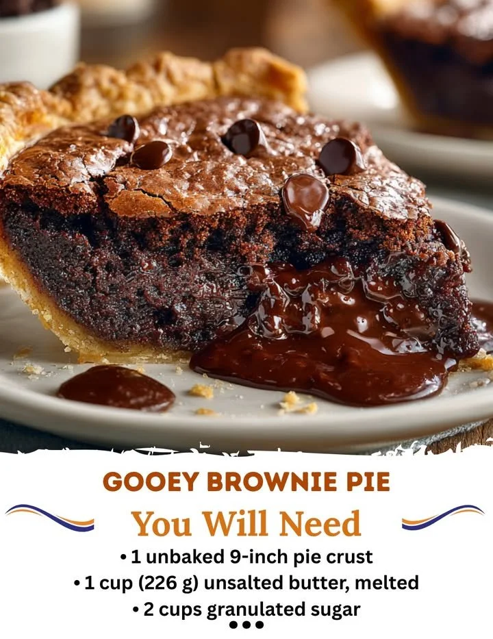 Delicious gooey brownie pie topped with chocolate chunks and served on a plate.