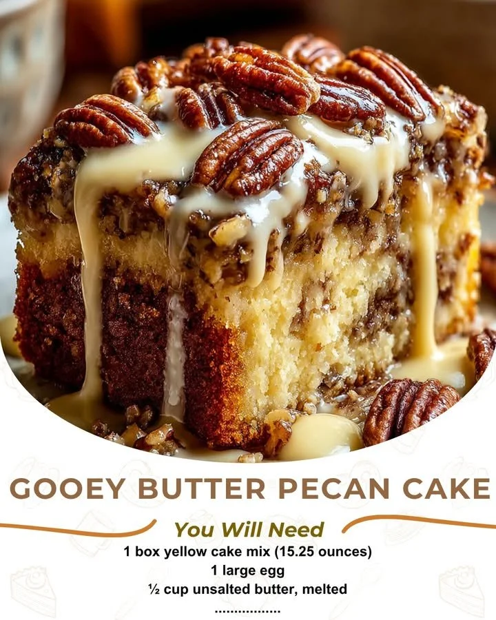 Delicious gooey Butter Pecan Cake with nuts and caramel drizzle