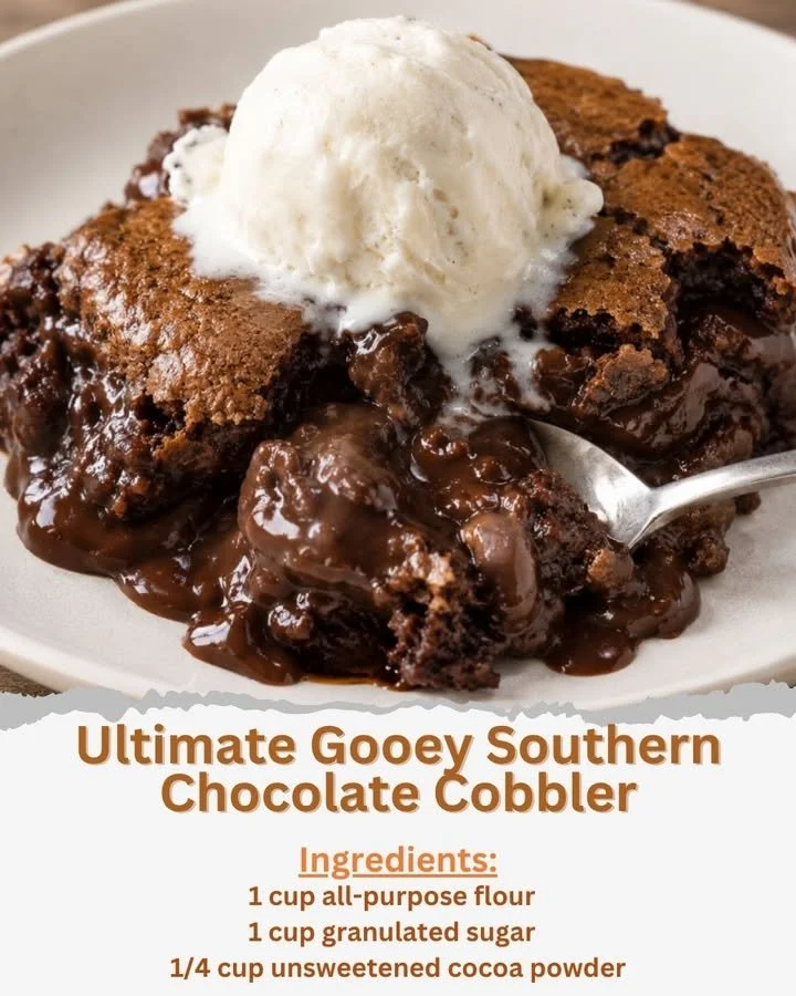 Gooey Southern chocolate cobbler served in a dish, topped with vanilla ice cream.
