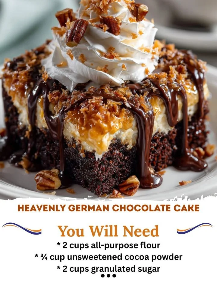 Heavenly German Chocolate Cake with coconut-pecan frosting and chocolate layers
