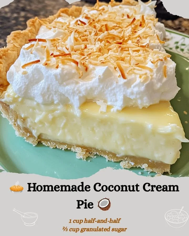 Slice of homemade coconut cream pie topped with whipped cream and toasted coconut