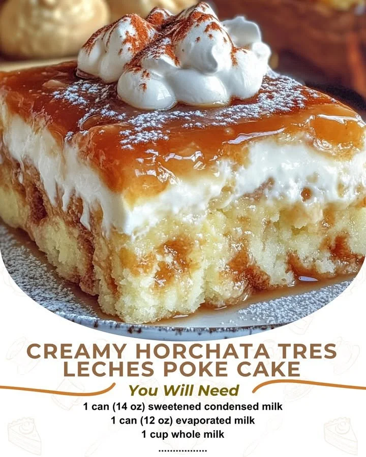 Horchata Tres Leches Poke Cake topped with cream and cinnamon decoration