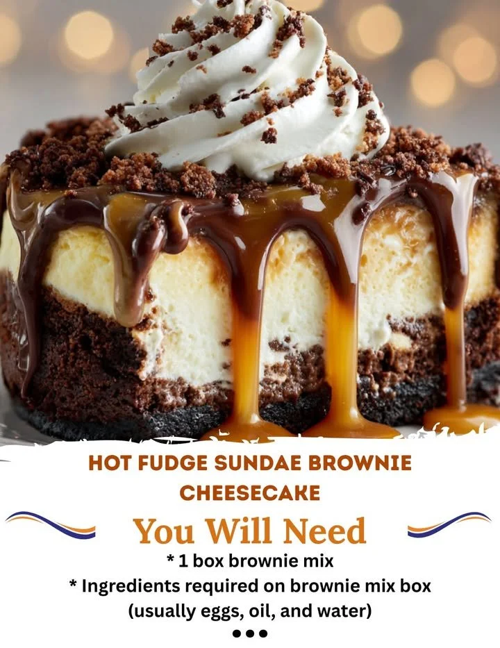 Hot Fudge Sundae Brownie Cheesecake topped with chocolate sauce and nuts