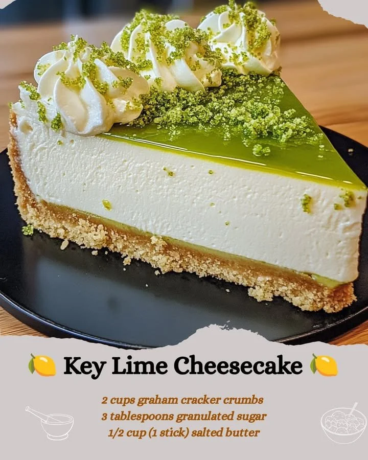 Delicious key lime cheesecake topped with whipped cream and lime zest