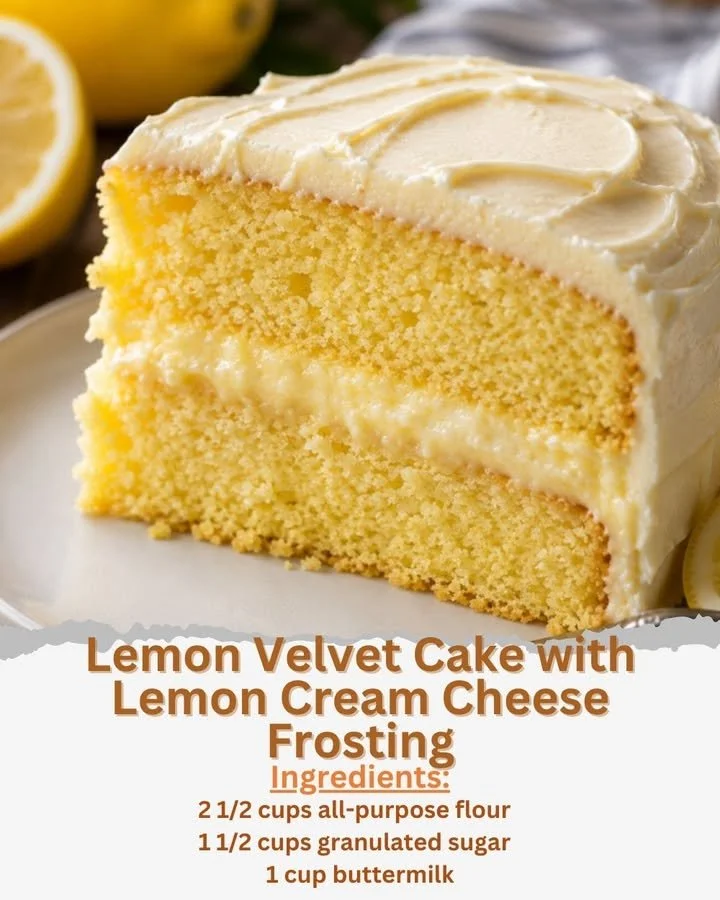 Lemon velvet cake with lemon cream cheese frosting on a white plate