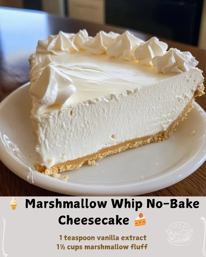 Delicious Marshmallow Whip No-Bake Cheesecake topped with whipped cream