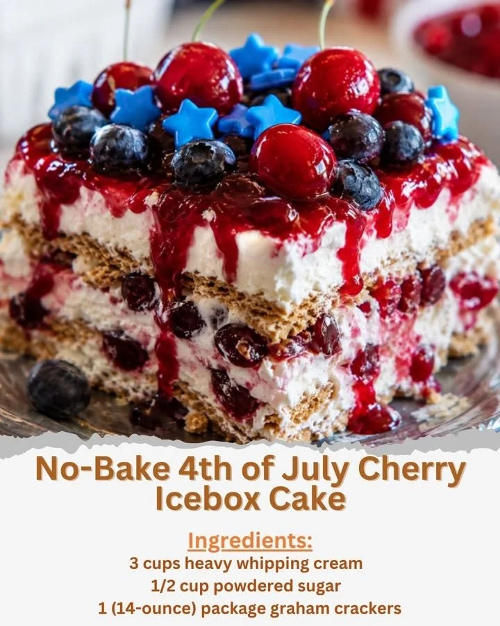 No-bake cherry icebox cake adorned with cherries for a festive 4th of July treat