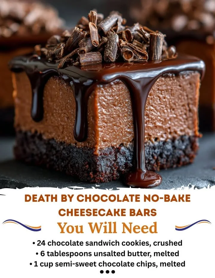 No-Bake Chocolate Cheesecake Bars with rich chocolate topping