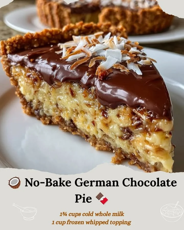 No-Bake German Chocolate Pie topped with coconut and pecans