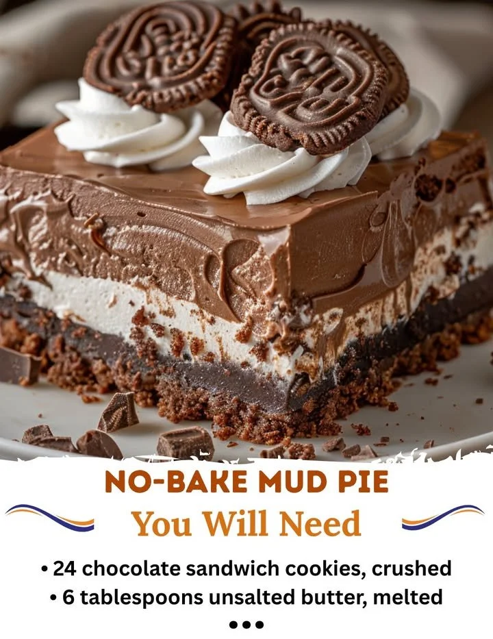 Delicious no-bake Mud Pie topped with whipped cream and chocolate drizzle