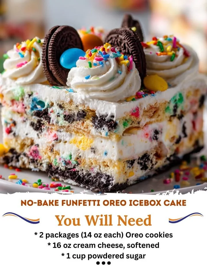 No-Bake Oreo Icebox Cake topped with Funfetti sprinkles