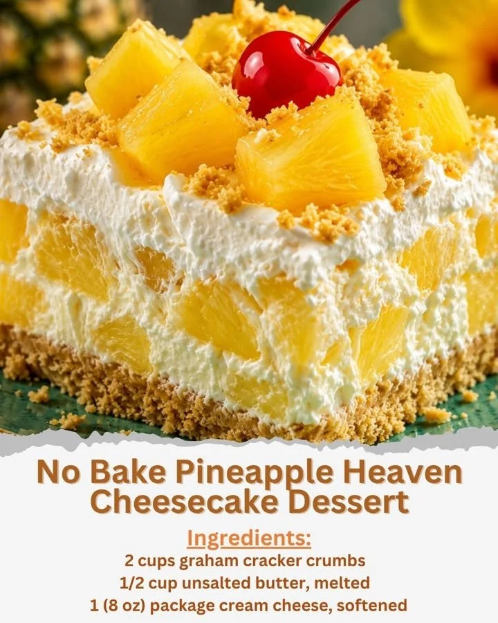 Delicious no-bake pineapple cheesecake dessert topped with fresh pineapple slices.