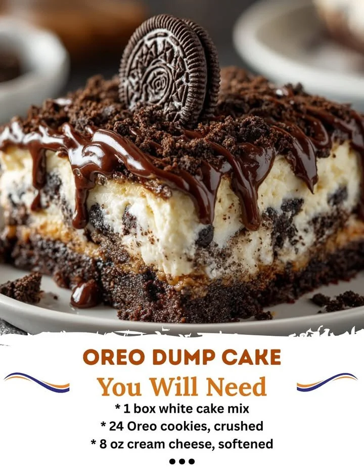 Delicious Oreo Dump Cake topped with crumbled Oreos and whipped cream