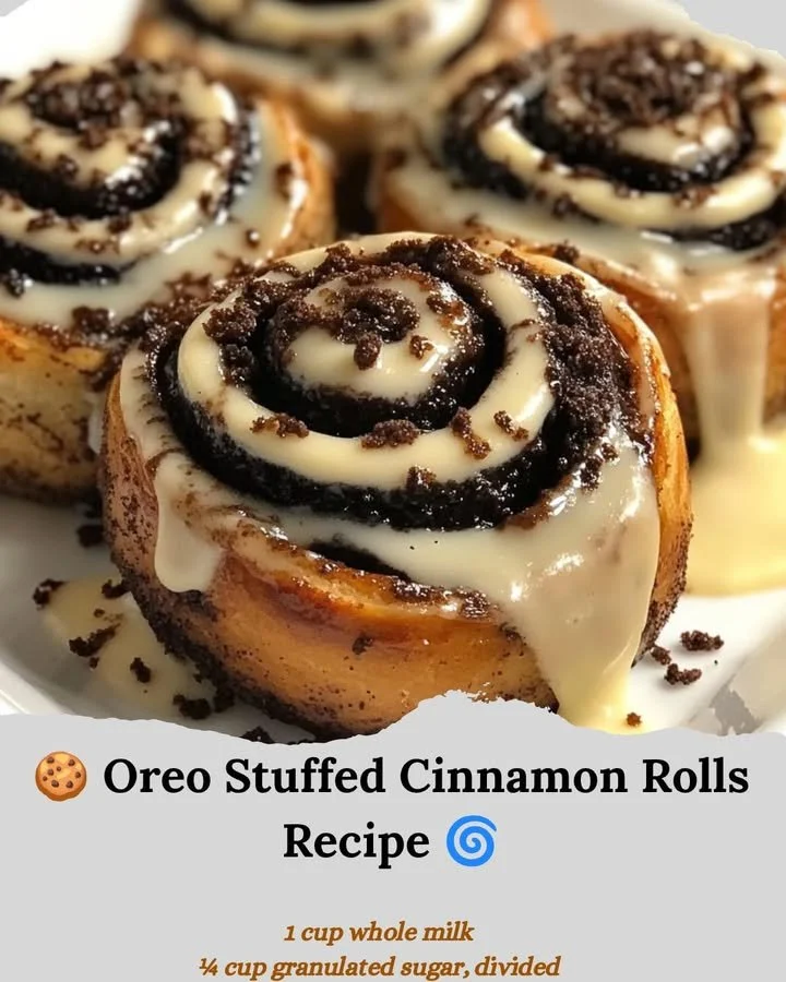 Delicious Oreo-Stuffed Cinnamon Rolls ready to eat, drizzled with icing.