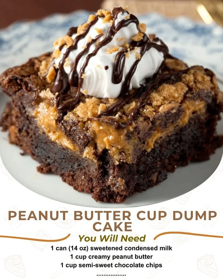 Delicious Peanut Butter Cup Dump Cake with chocolate and peanut butter layers