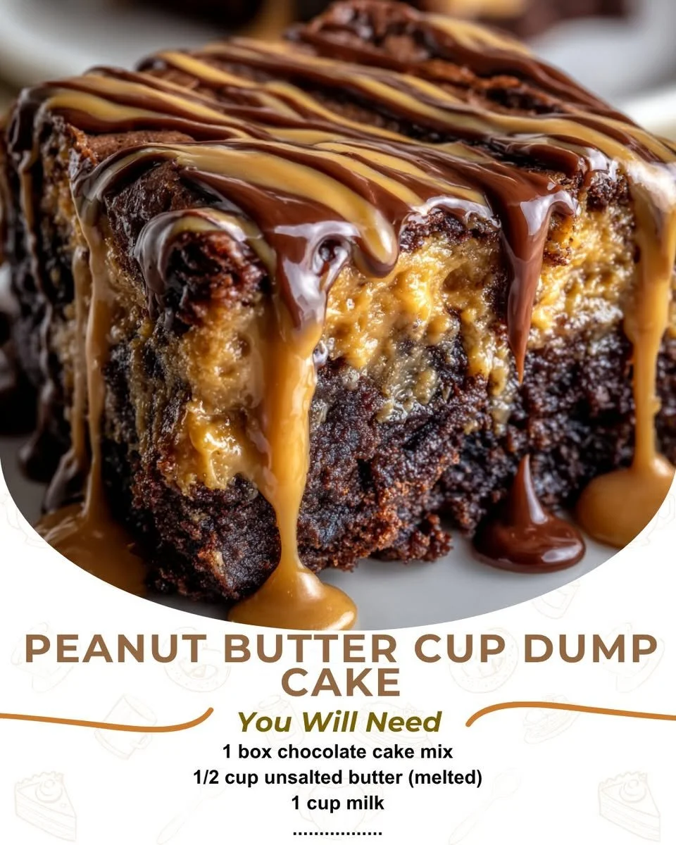 Slice of Peanut Butter Cup Dump Cake topped with peanut butter cups and chocolate drizzle.