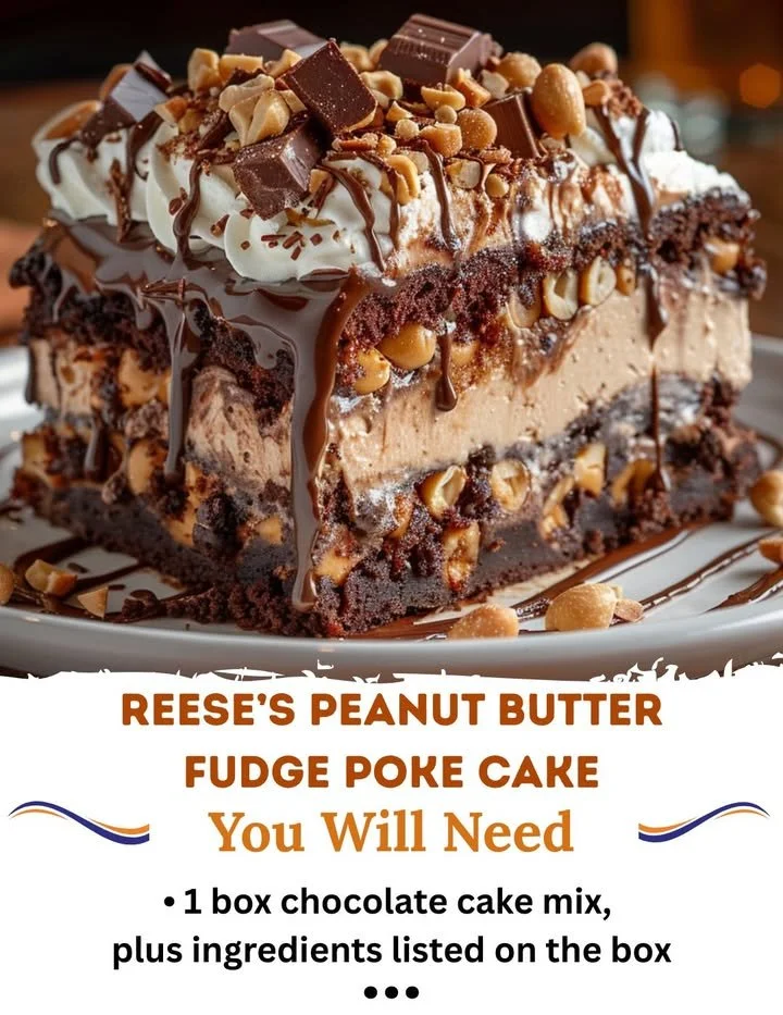 Delicious Peanut Butter Fudge Poke Cake topped with Reese's pieces