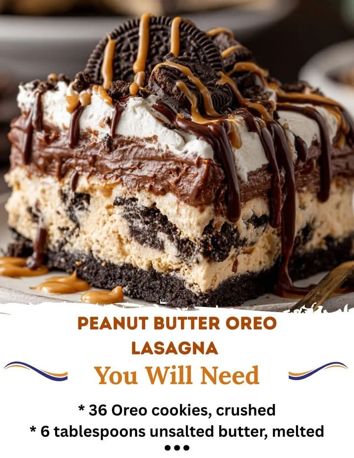 Delicious Peanut Butter Oreo Lasagna layered dessert with cookies and creamy filling.
