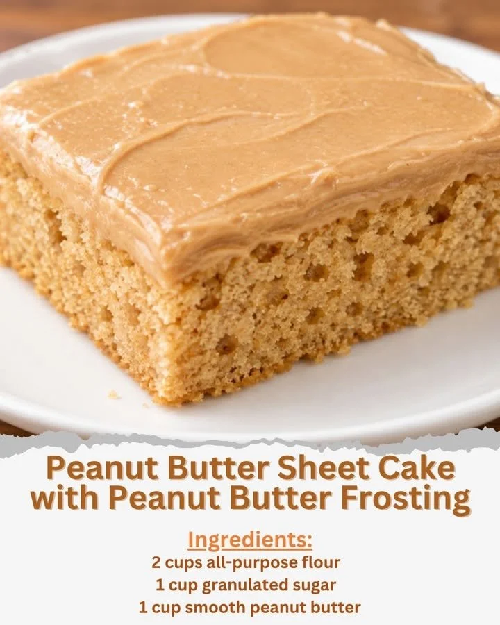 Peanut Butter Sheet Cake with creamy peanut butter frosting on top.