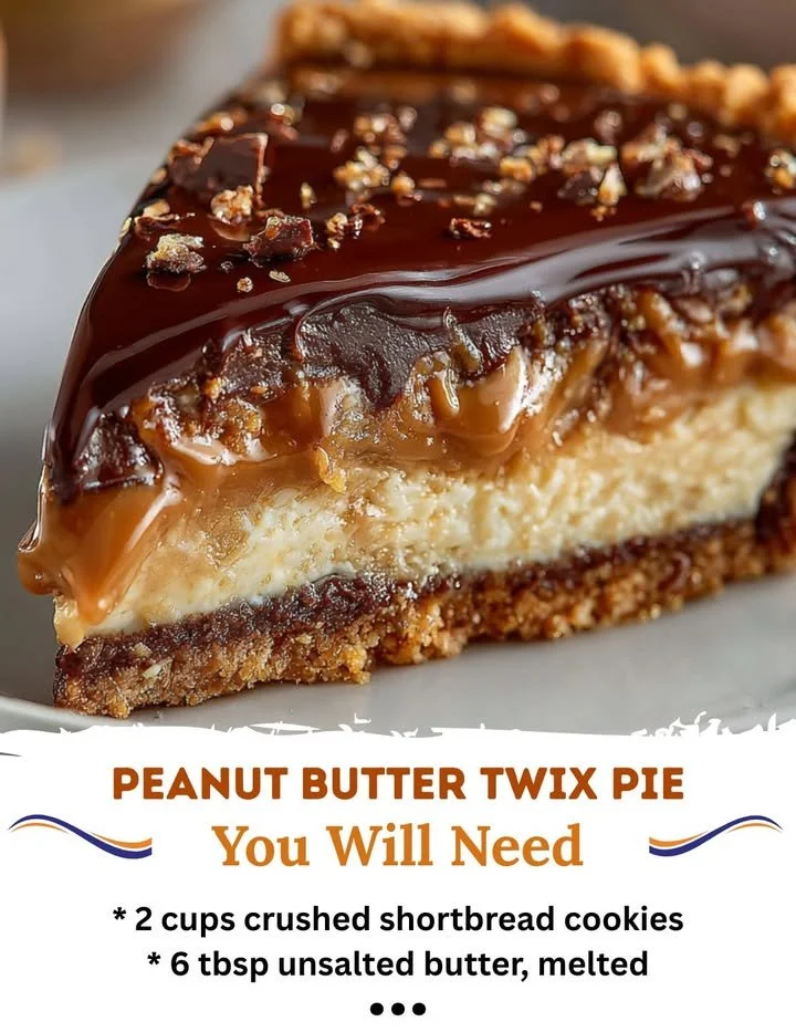 Delicious Peanut Butter Twix Pie topped with chocolate and peanut butter drizzle
