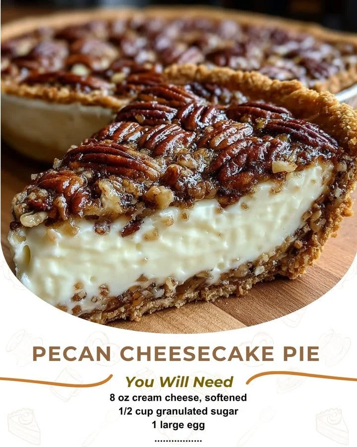 Delicious pecan cheesecake pie topped with caramel and pecans