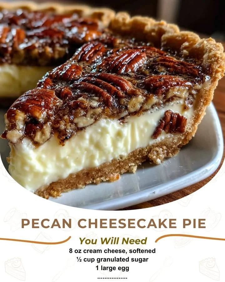 Delicious pecan cheesecake pie with a creamy filling and toasted pecans on top.