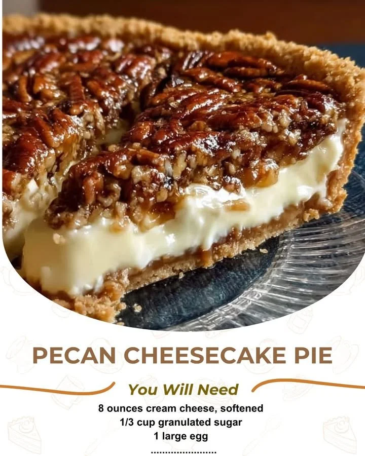 Delicious Pecan Cheesecake Pie topped with crunchy pecans and cream cheese filling