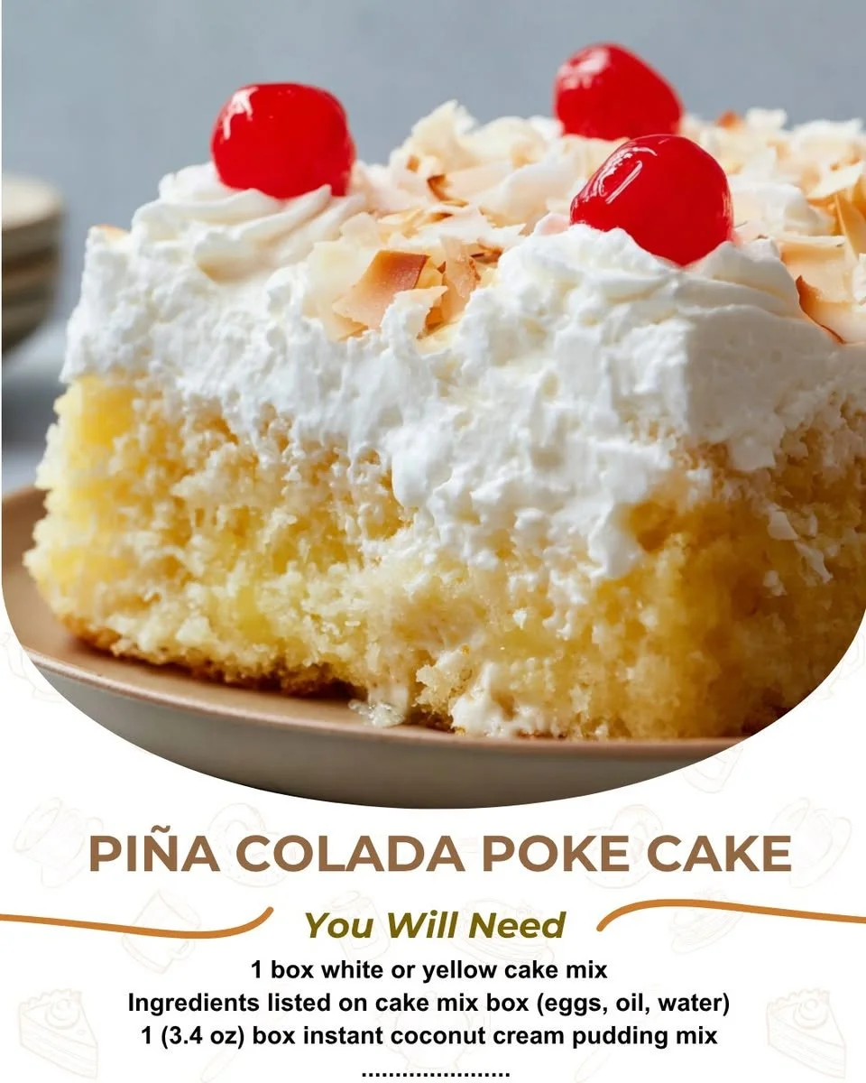 Delicious Pina Colada Poke Cake topped with coconut and pineapple