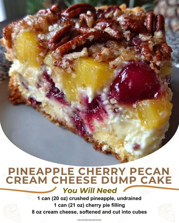Delicious pineapple cherry pecan cream cheese dump cake dessert recipe