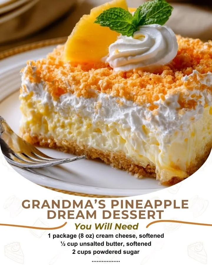 A delicious Pineapple Dream Dessert topped with whipped cream and pineapple slices.