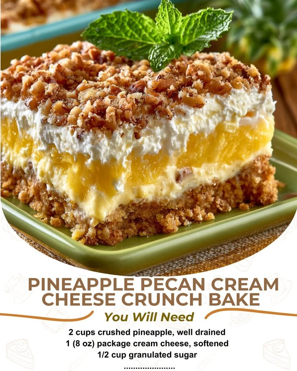 Pineapple Pecan Crunch Bake topped with creamy frosting and pecans